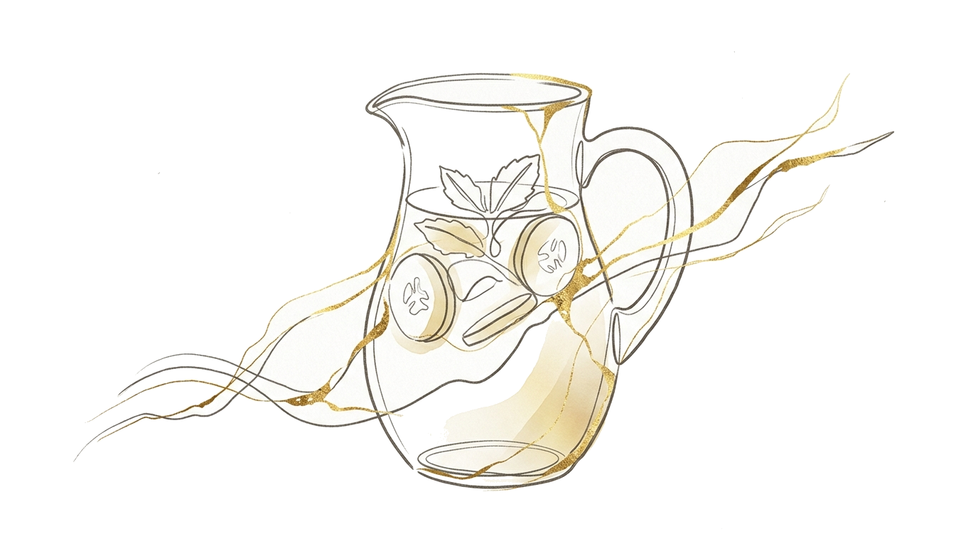 A glass pitcher of pure water infused with sliced cucumber and mint leaves