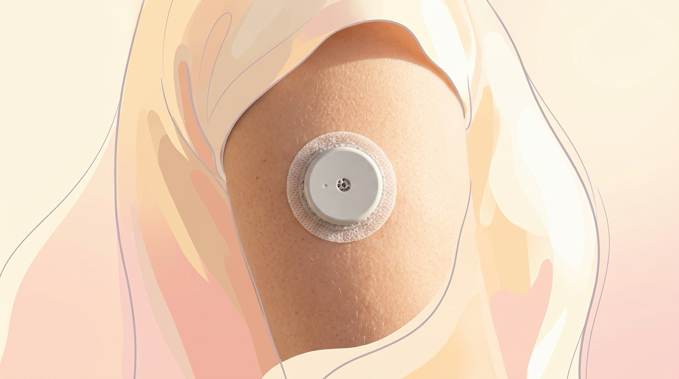 A close up of a continuous glucose monitor cgm sensor patch attached to an arm