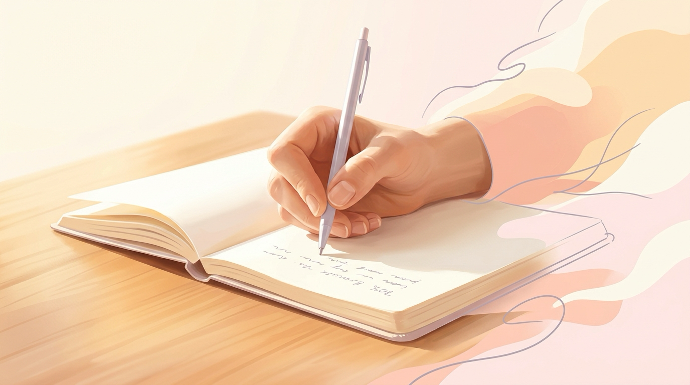 Close up of a woman s hand writing in an open journal on a warm sunlit wooden desk