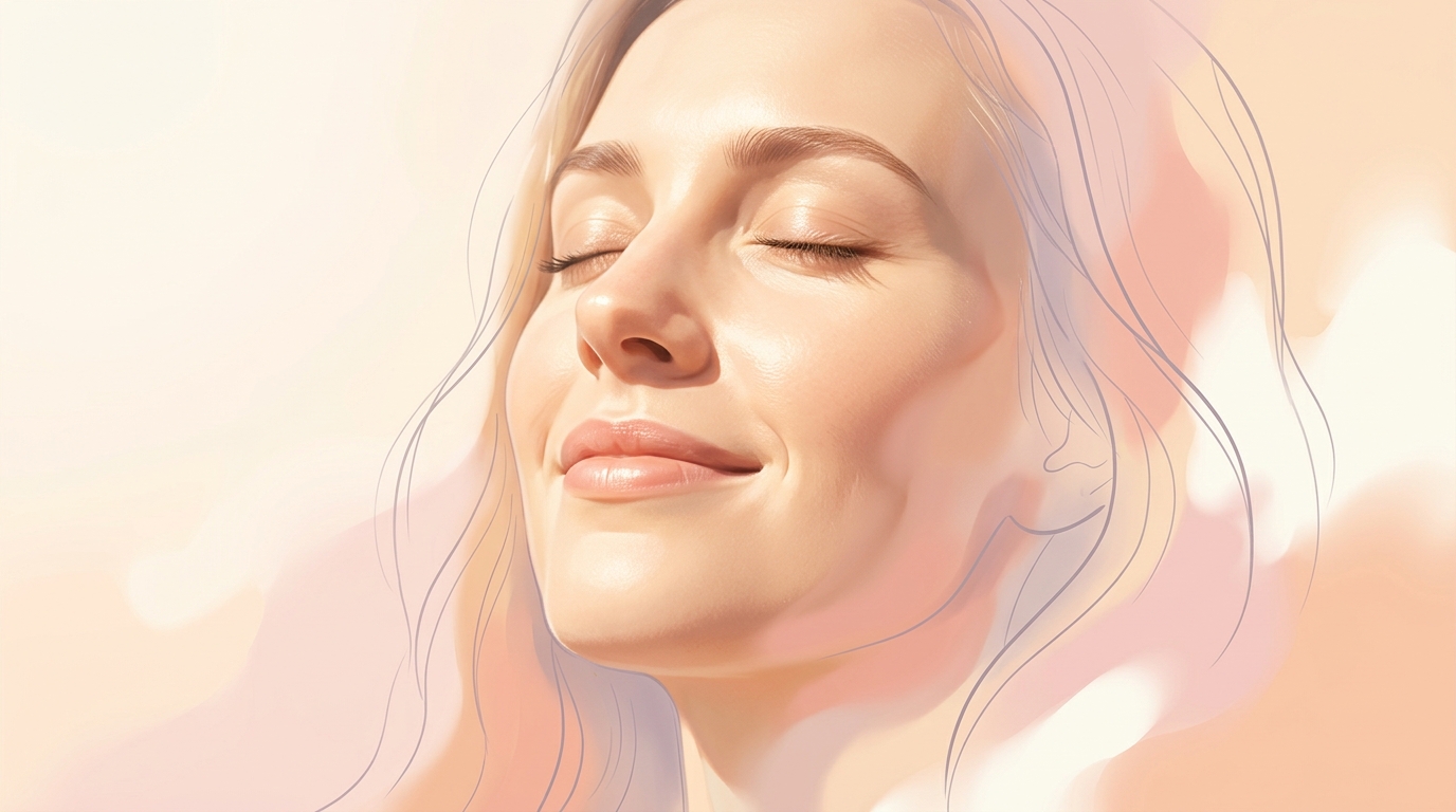 Close up of a woman with eyes closed face gently tilted upward toward warm afternoon sunlight