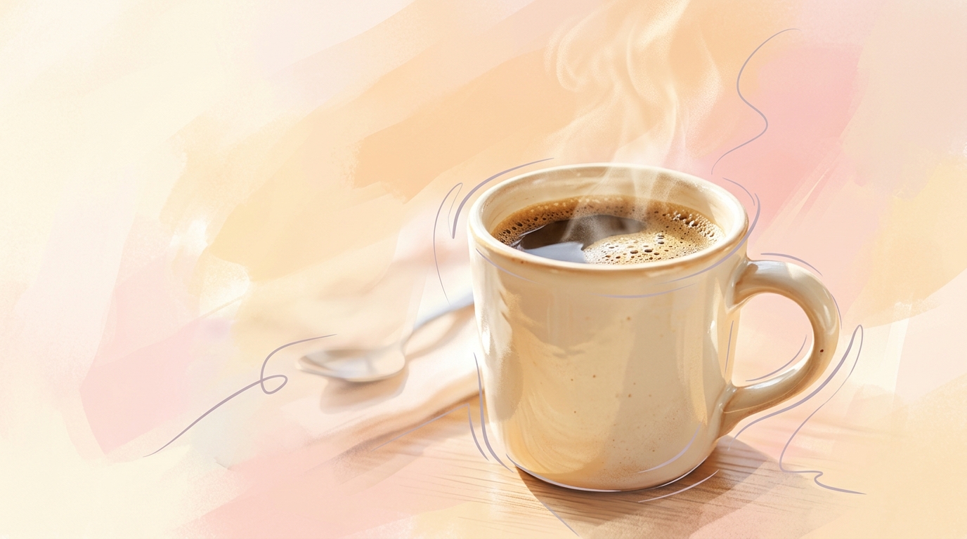 Short warm ceramic mug of morning coffee with steam rising bathed in soft morning light