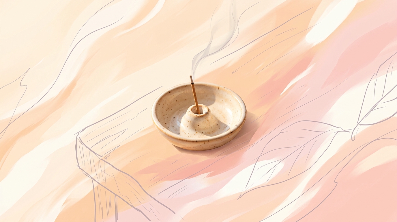 A small ceramic incense holder with a single thin wisp of smoke rising